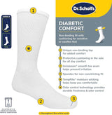 Dr. Scholl's diabetic comfort sock with features listed on a yellow and gray background