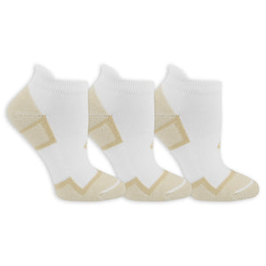 Three pairs of white ankle socks with beige accents on a white background