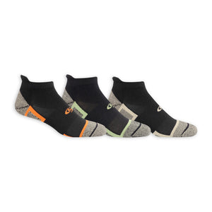 Three pairs of black ankle socks with gray and orange accents on a white background