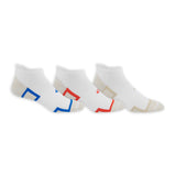 Three pairs of socks with geometric designs on a white background