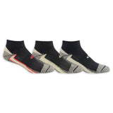 Three pairs of black ankle socks with different color patterns on a white background