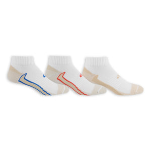 Three pairs of socks with colorful accents on a white background