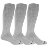 Three pairs of gray knee-high socks on a white background