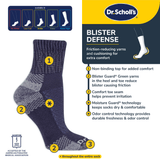 Dr. Scholl's blister defense sock with features highlighted on a yellow and blue background