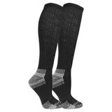 Pair of black knee-high socks with gray accents on a white background