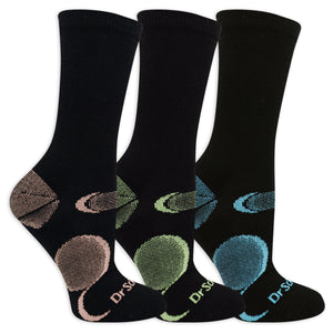 Three pairs of black socks with colorful designs on a white background
