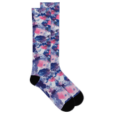 Pair of colorful floral-patterned socks on a black background thumbnail