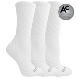 Three white ribbed crew socks with raised grip dots on the sole and heel, shown on a white background with a silver award badge reading Design Excellence Awards 2026 Design Finalist. thumbnail
