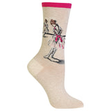 A single crew sock in a light beige heather color, featuring a graphic illustration of Edgar Degas' "Study of a Dancer" artwork featuring ballerinas on the leg. The sock has a bright pink ribbed cuff and a pink bow detail in the ballet tutu, shown against a plain white background.