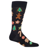 A single black crew sock with a festive Christmas gingerbread pattern, featuring illustrations of a gingerbread man, decorated trees, candy canes, stars, and houses in brown, green, and red, shown against a plain white background. thumbnail