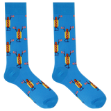 A pair of bright blue crew socks featuring a repeating cartoon hot dog character holding small American flags, shown on a plain white background. thumbnail