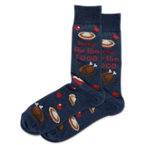 Navy blue socks with food-themed designs and text on a white background