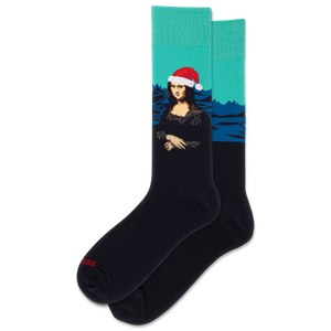 Black socks with a Mona Lisa wearing a Santa hat design on a teal background