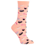 A single peach-colored crew sock with a repeating pattern of various sushi illustrations, shown against a plain white background. thumbnail