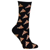 A single black crew sock with an all-over repeating pattern of pizza slices, shown on a plain white background.