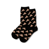 Black socks with pizza slice pattern on a white background