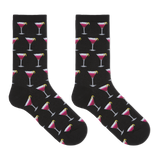 A pair of black crew socks with an all-over repeating pattern of pink and white cocktail glasses on a clean white background. thumbnail