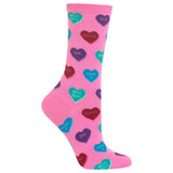 A single pink crew sock with a pattern of colorful candy hearts containing phrases like 'KISS ME', 'XOXO', 'LOVE U', and 'BRAE'.
