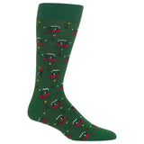A single dark green crew sock with an all-over golf course pattern featuring red golf carts, players, flags, and golf balls, shown on a plain white background. thumbnail