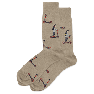 Beige socks with scooter and person design on a beige background
