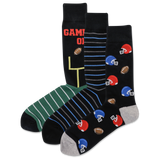 A pack of three men's crew socks with football-themed designs, including pairs with stripes and various football symbols.
