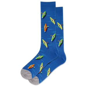 A pair of blue crew socks with a pattern of colorful kayaks.