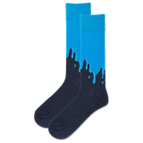 A pair of men's crew socks with a paint drip design, featuring blue on the top and black on the bottom. thumbnail