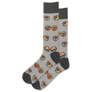 A pair of gray crew socks with a pattern of sunglasses and beach scenes in multicolor.
