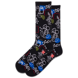 Black socks with colorful floral and geometric pattern on a white background
