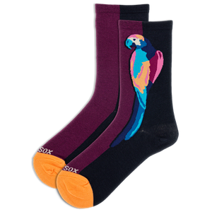 A pair of colorblock crew socks with a parrot design on a purple background, with the HOTSOX brand logo visible.