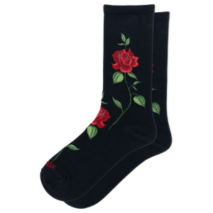 A pair of black crew socks featuring a red rose and green stem pattern, with the brand name 'HOTSOX' printed in red near the toe.
