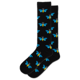 Black socks with blue butterfly patterns on a white background