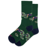 HOTSOX women's green socks featuring lily pads from a famous painting and navy accents on the heel and toe.