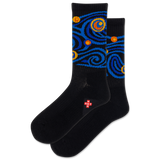 Black socks with a modernized rendition of Van Gog's Starry Night on a white background thumbnail