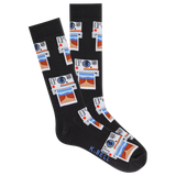 A pair of K.Bell men's crew socks with vintage camera photos pattern on a black background.