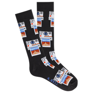 A pair of K.Bell men's crew socks with vintage camera photos pattern on a black background.