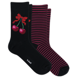 Two pairs of crew socks on a plain white background: one black sock with a red cherry and bow graphic and a small white 'kcball' logo near the toe, and a pair of burgundy-and-dark-red striped socks. thumbnail