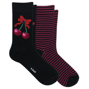 Two pairs of crew socks on a plain white background: one black sock with a red cherry and bow graphic and a small white 'kcball' logo near the toe, and a pair of burgundy-and-dark-red striped socks.