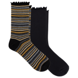 Two pairs of crew socks on a plain white background. One pair is solid black with a ruffled cuff, and the other pair has horizontal stripes in black, gray, and metallic gold with a ruffled cuff.