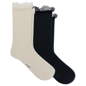 Two ribbed crew socks with lace trim at the top, shown overlapping on a white background. The front sock is cream, and the back is black.
