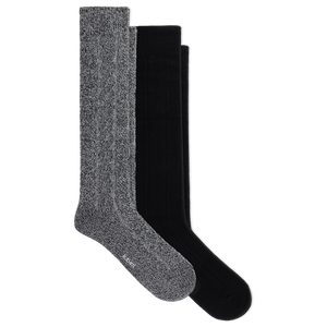 Two knee-high socks, one heather gray and one solid black, displayed side-by-side on a plain white background.
