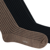Two ribbed crew socks, one taupe-brown and one black, with horizontal stripe detailing on the sides, shown overlapping on a white background.
