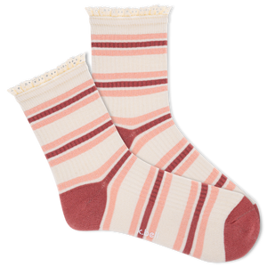 A pair of K.Bell women's ankle socks with crochet lace detail and striped pattern in pink and white colors.