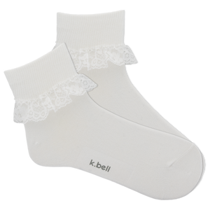 White ankle sock with lace trim and 'k.bell' branding on a white background
