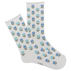 White socks with blue floral pattern on a white background
