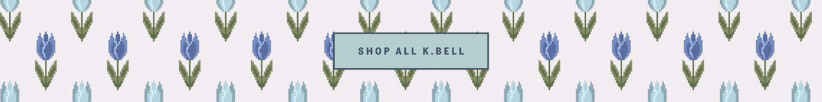 Decorative pattern with blue tulips and a 'Shop New' button on a light blue background