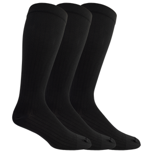 Three black knee-high socks on a white background