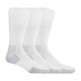 Three pairs of white men's crew socks with visible reinforced heel and toe areas, and non-binding tops.