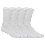 Four pairs of white crew socks arranged in a row, showing a textured knit pattern and a small blue stripe detail near the toes, on a solid white background.