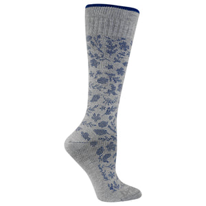 Gray compression sock with blue floral pattern on a white background